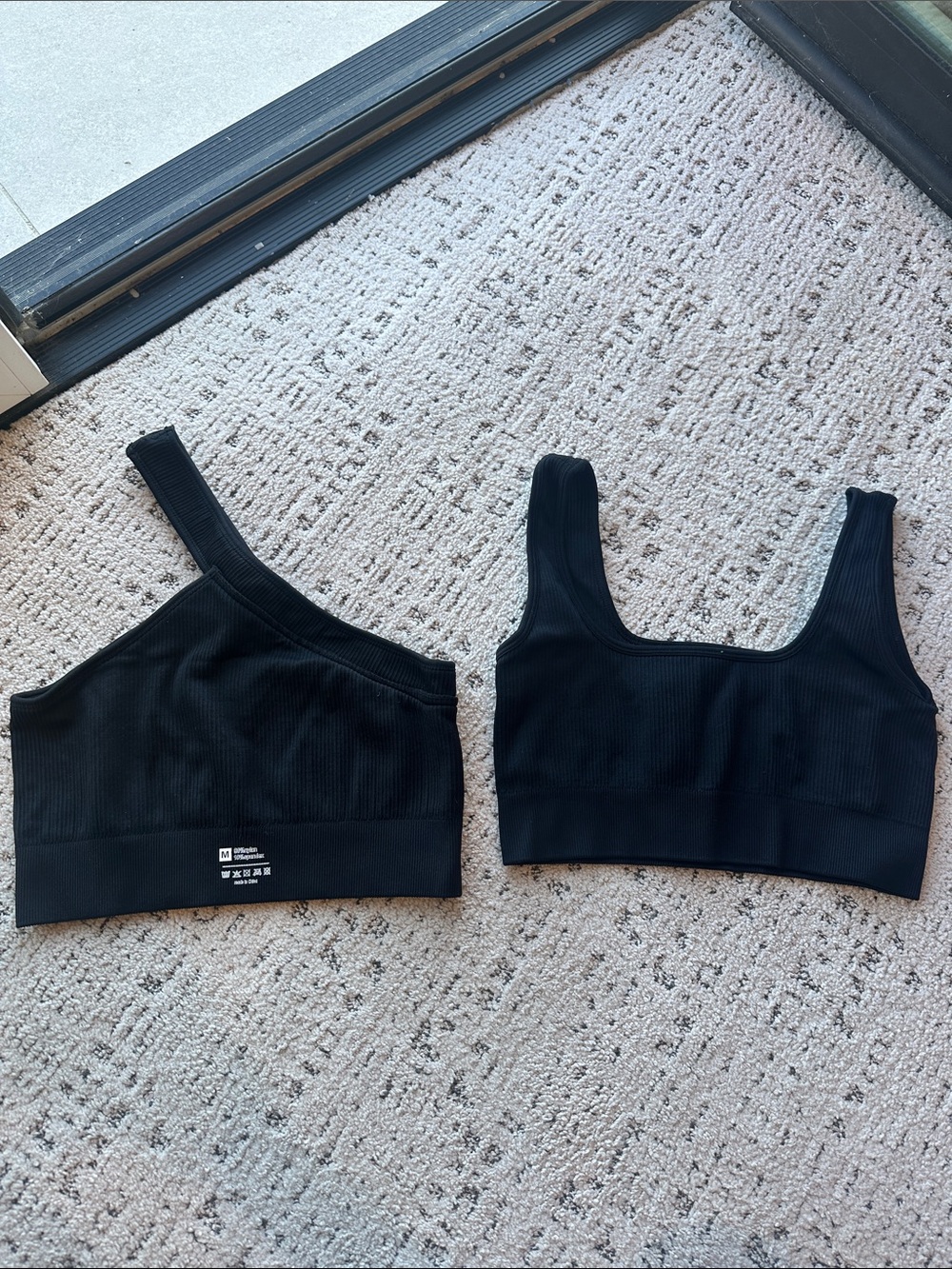 Black Ribbed Seamless Scoop & One-Shoulder Bralette Set